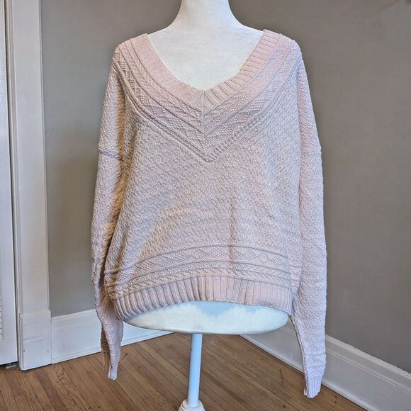 Vintage 90s Pink Sweater Domani V-Neck Varsity Pullover Preppy Size Large - Picture 1 of 7